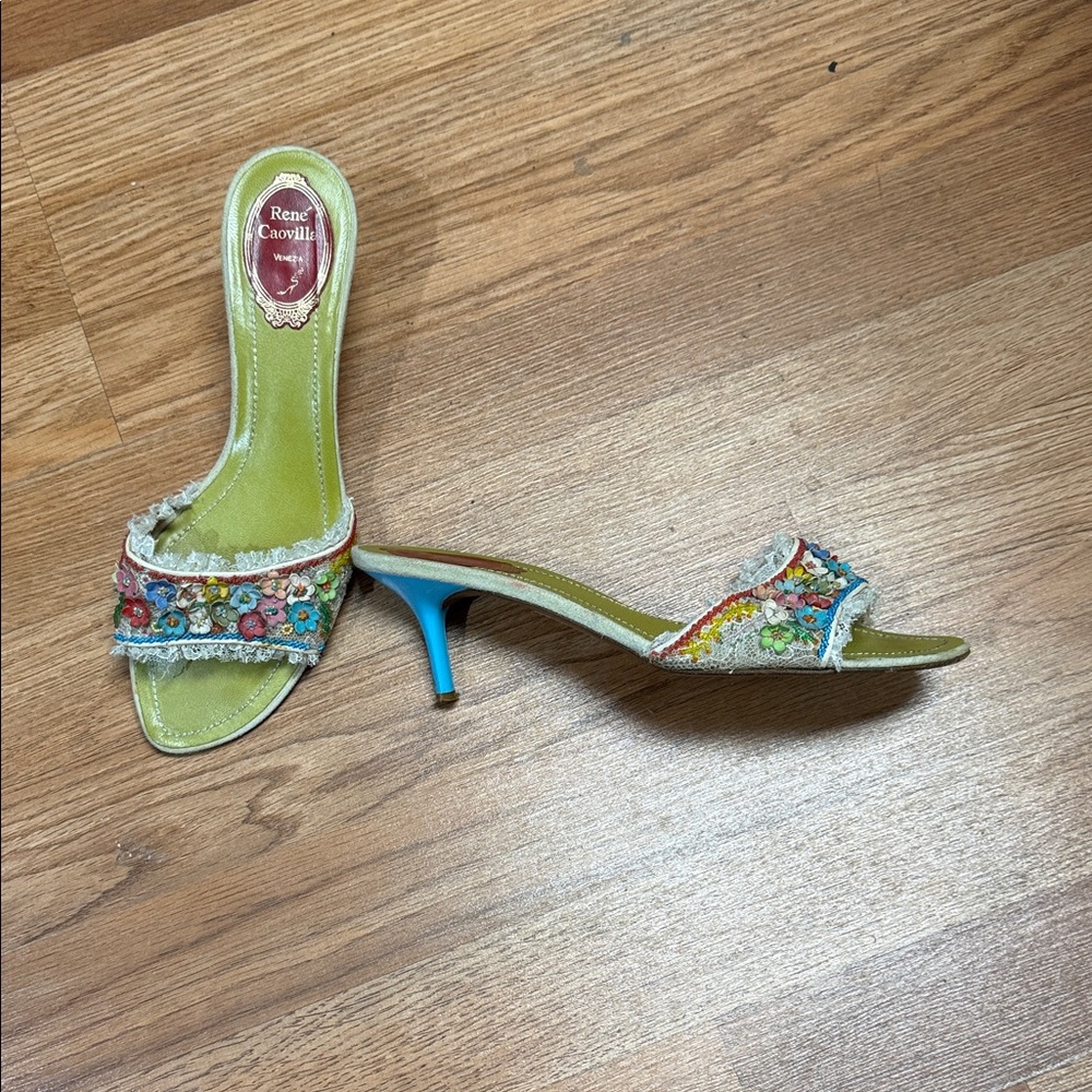 Rene Caovilla Lime Green Beaded Kitten Heel Mules with Blue Heel